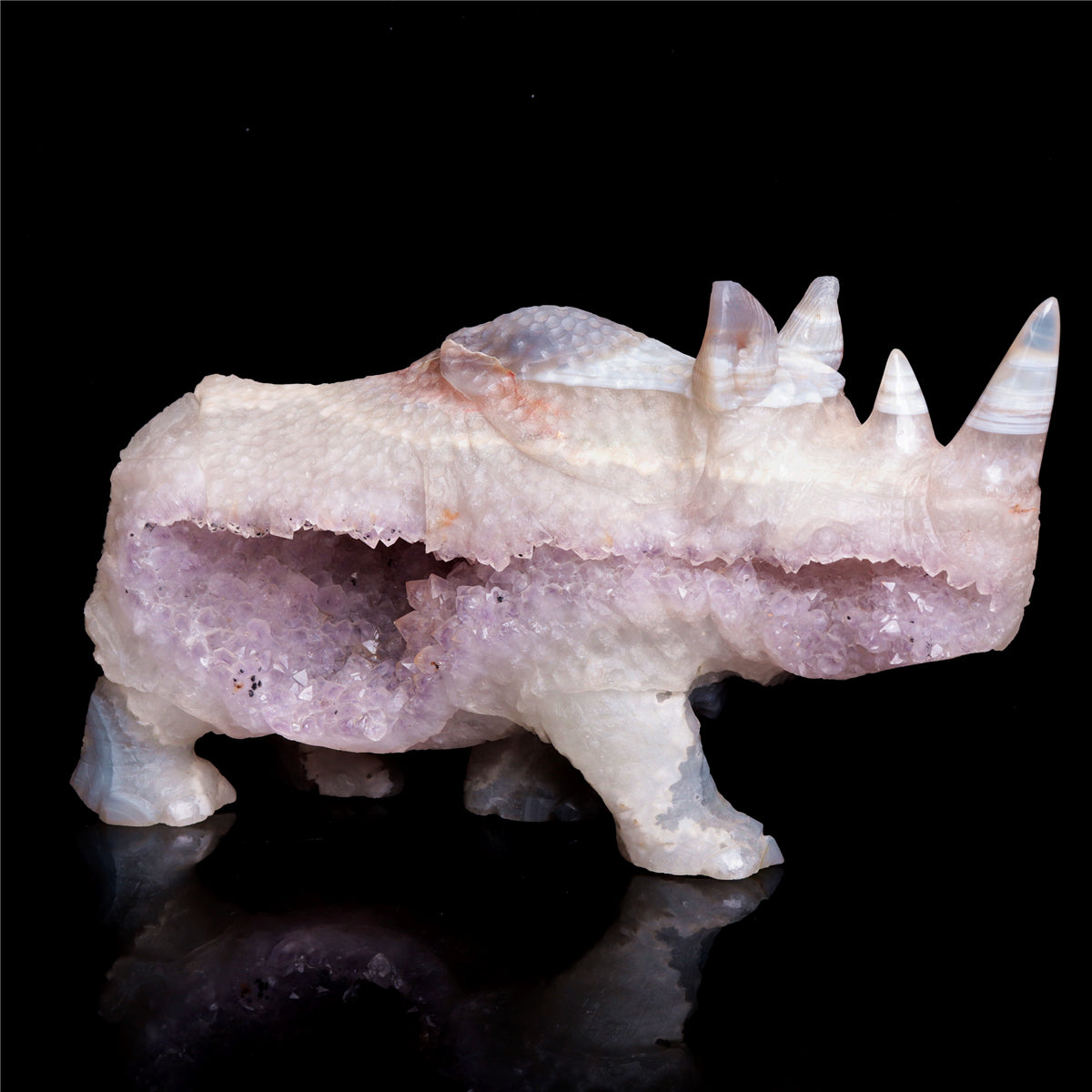 9" Amethyst Agate Crystal Rhino Figurine Quartz Animal Carvings
