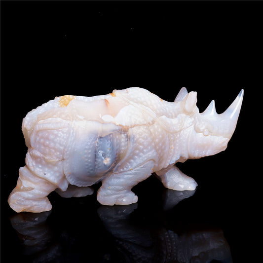 9.5" Druzy Agate Crystal Rhino Figurine Quartz Animal Carvings