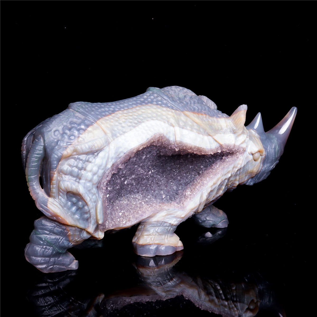10" Druzy Agate Crystal Rhino Figurine Quartz Animal Carvings