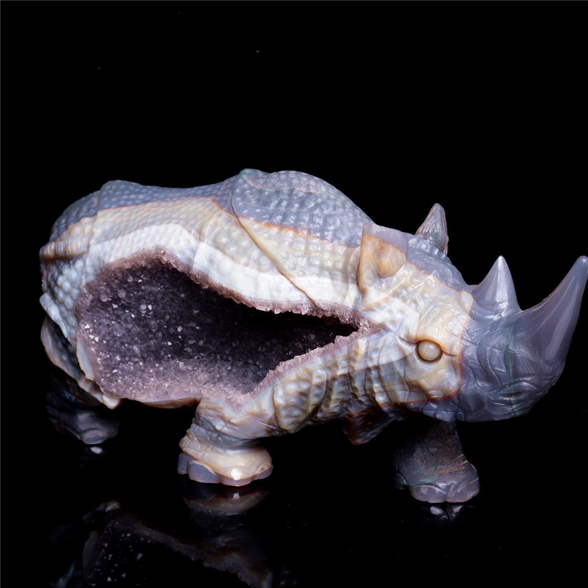 10" Druzy Agate Crystal Rhino Figurine Quartz Animal Carvings