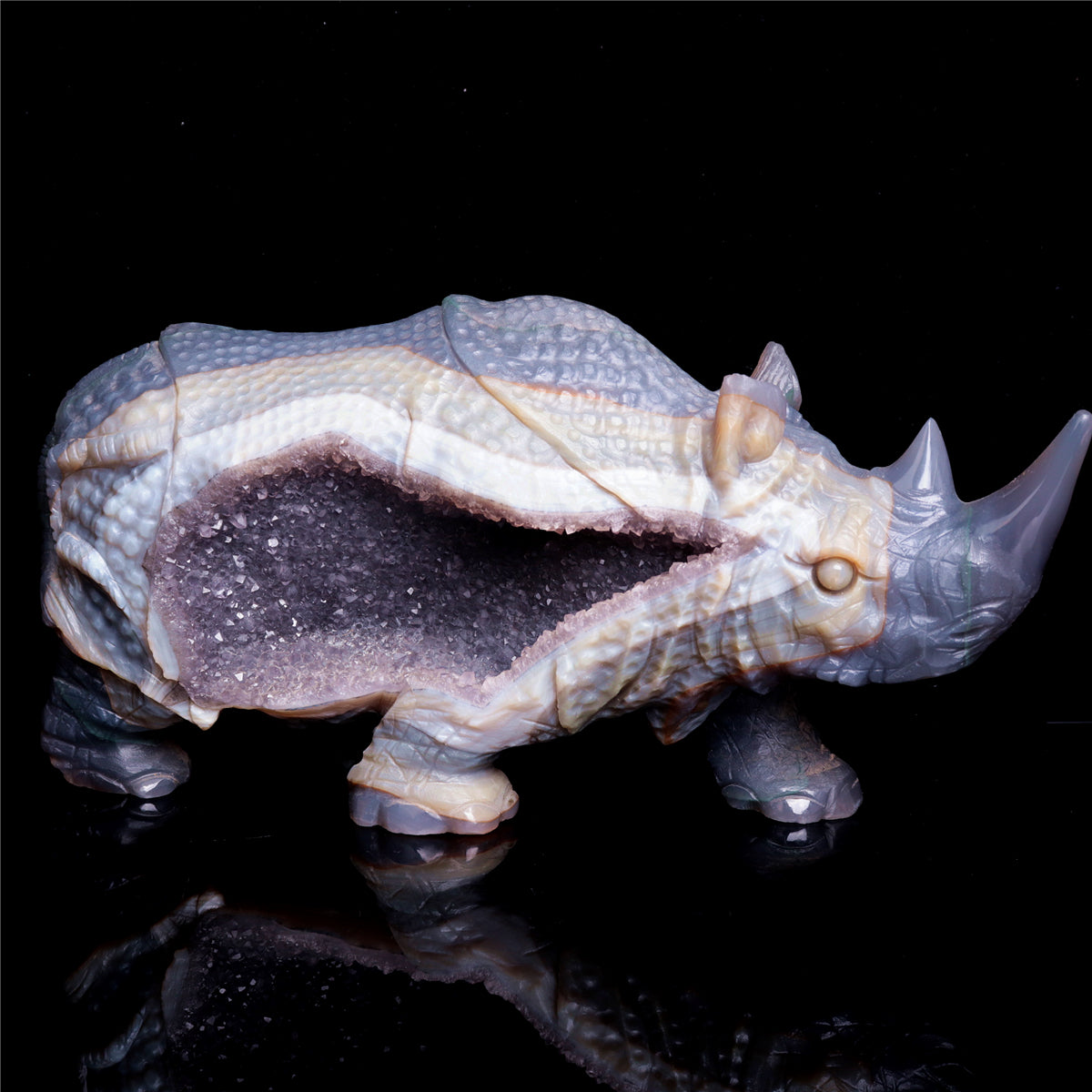 10" Druzy Agate Crystal Rhino Figurine Quartz Animal Carvings