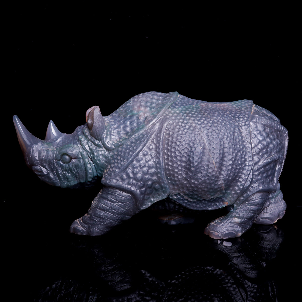 10" Druzy Agate Crystal Rhino Figurine Quartz Animal Carvings