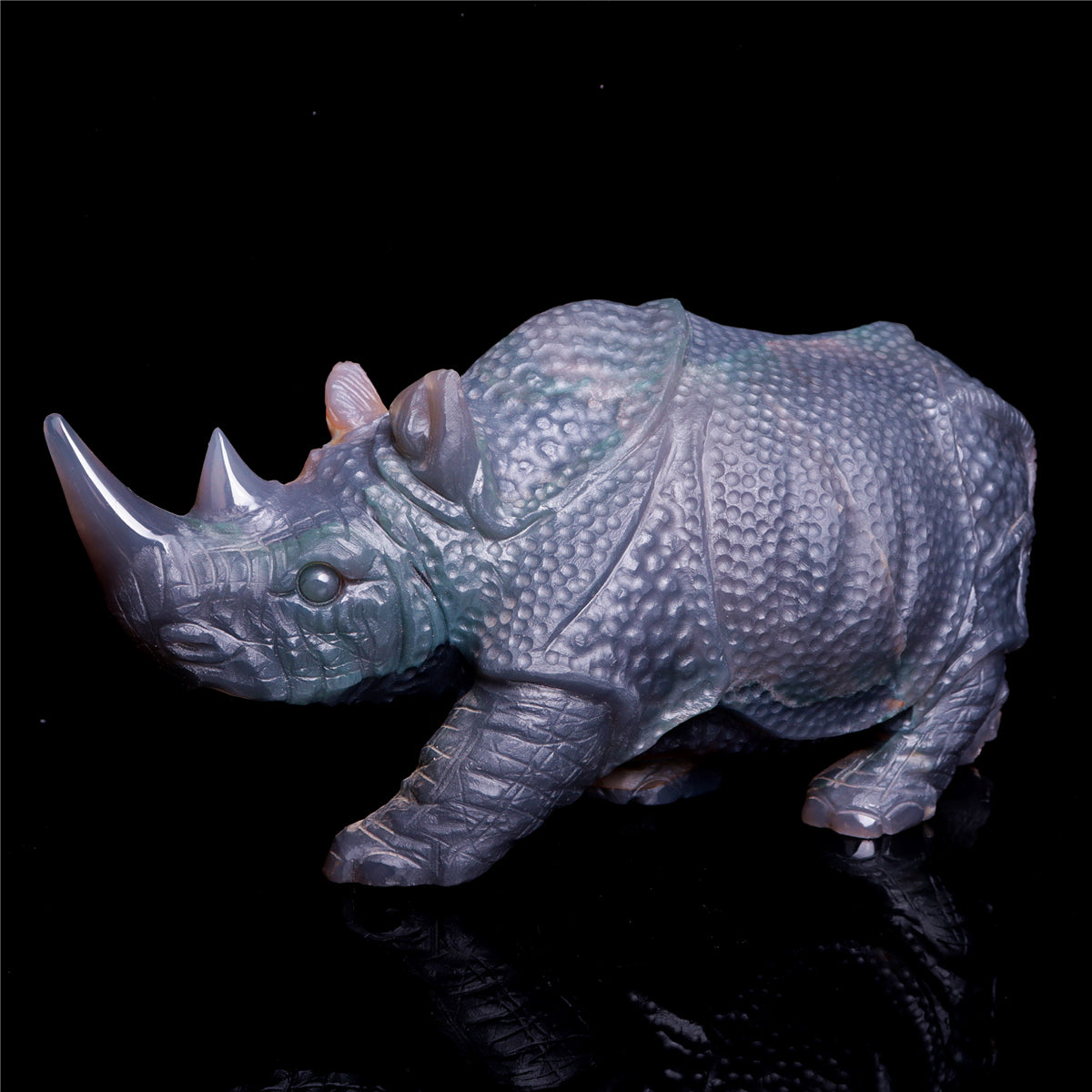 10" Druzy Agate Crystal Rhino Figurine Quartz Animal Carvings