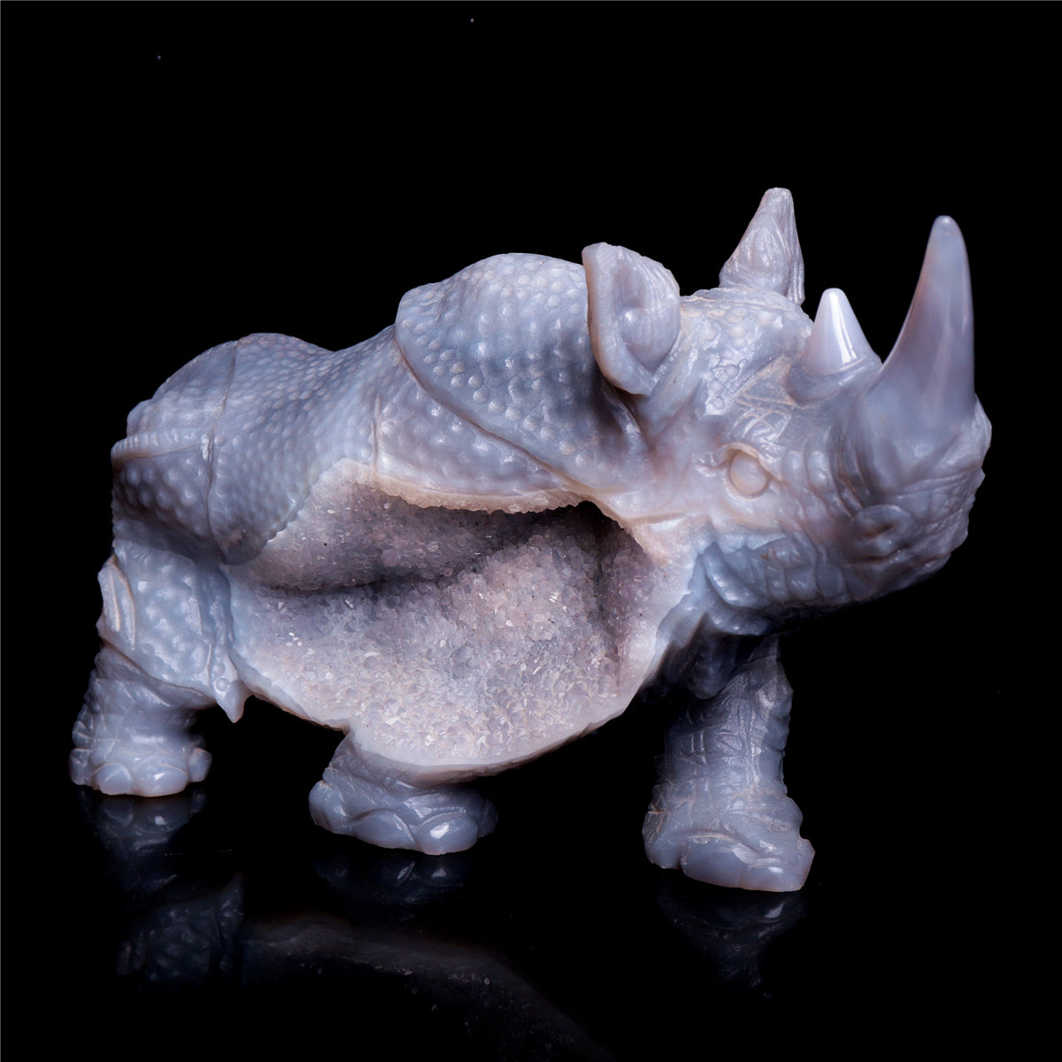 9" Druzy Agate Crystal Rhino Figurine Quartz Animal Carvings