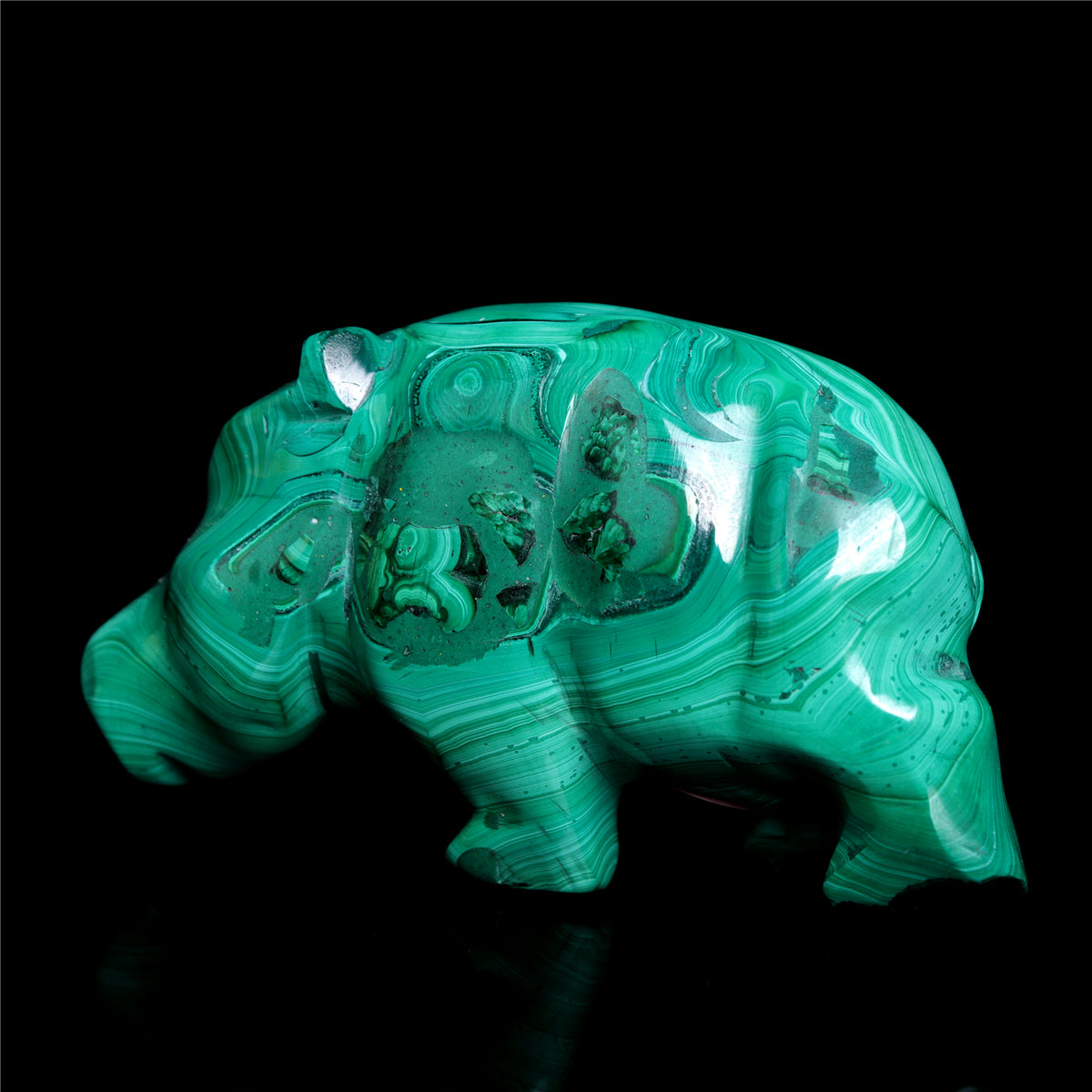 4" Malachite Crystal Hippo Figurine Quartz Animal Carvings
