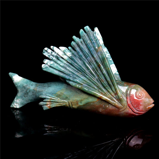 6" Ocean Jasper Crystal Flying Fish Figurine Quartz Animal Carvings