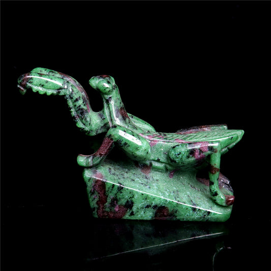 4" Ruby Zoisite Hand Carved Crystal Mantis Figurine