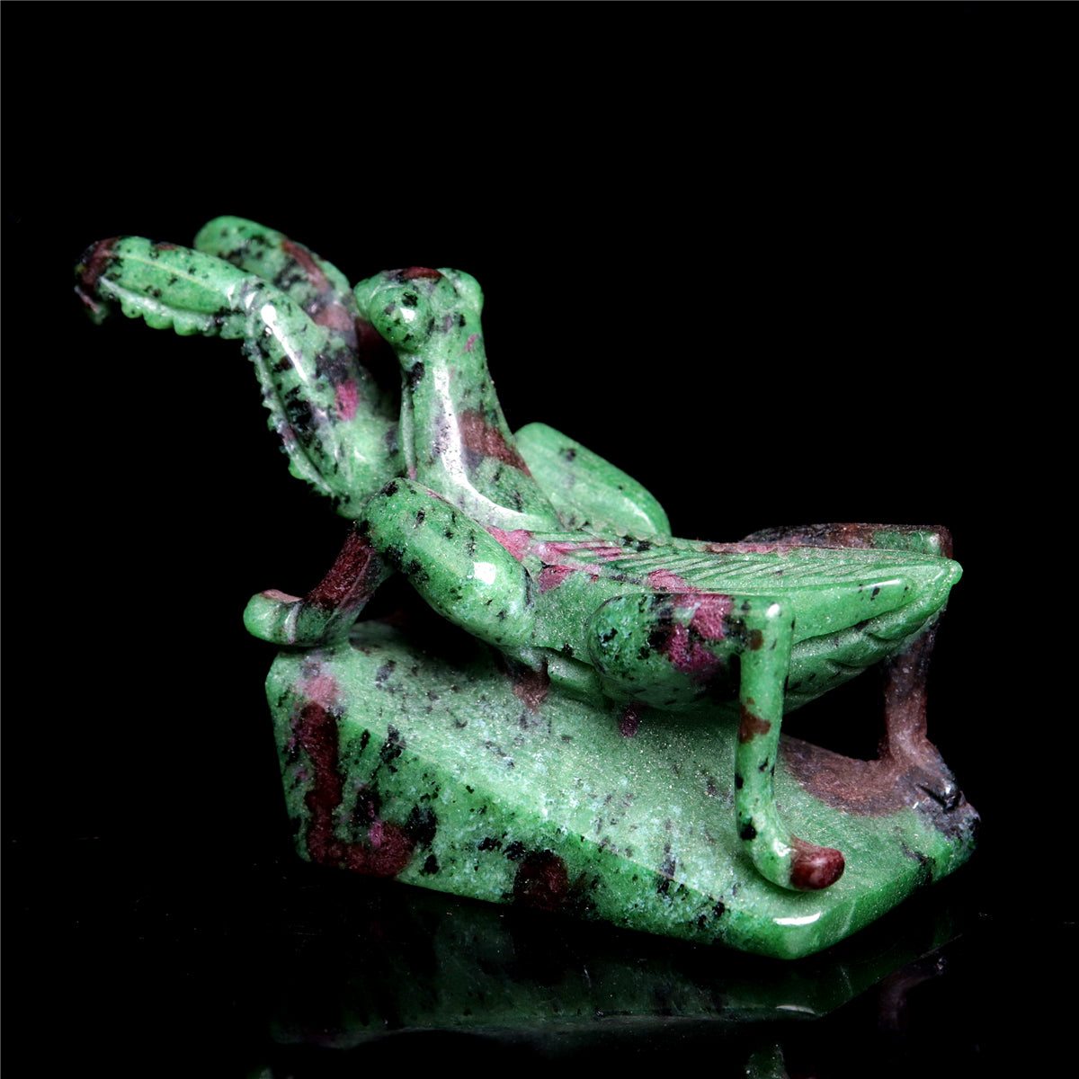 4" Ruby Zoisite Hand Carved Crystal Mantis Figurine
