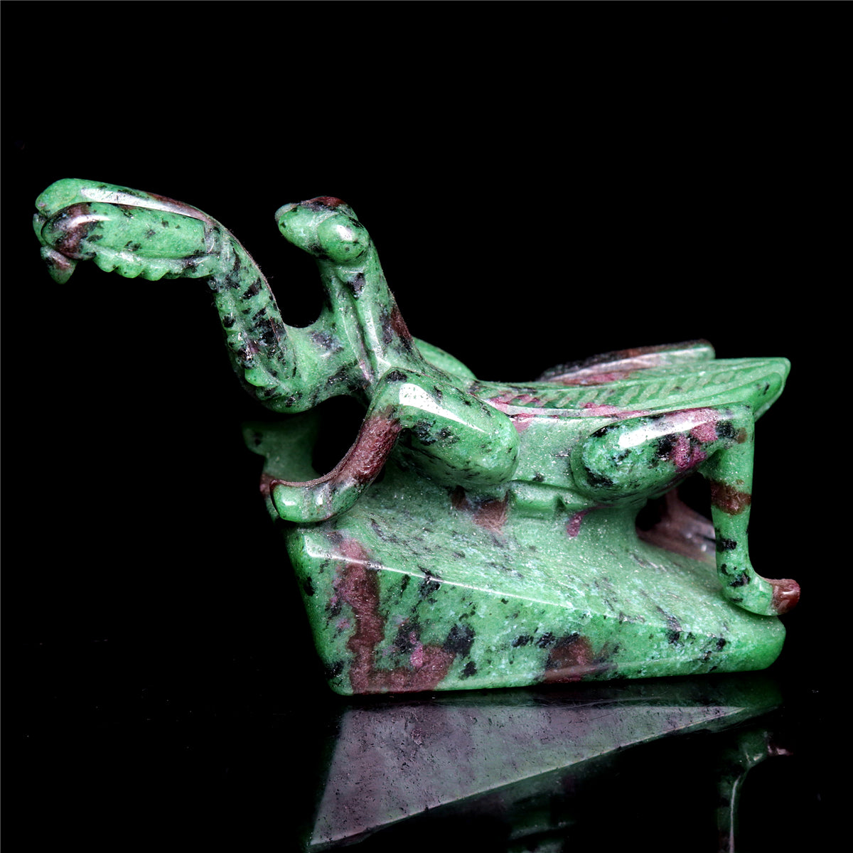 4" Ruby Zoisite Hand Carved Crystal Mantis Figurine