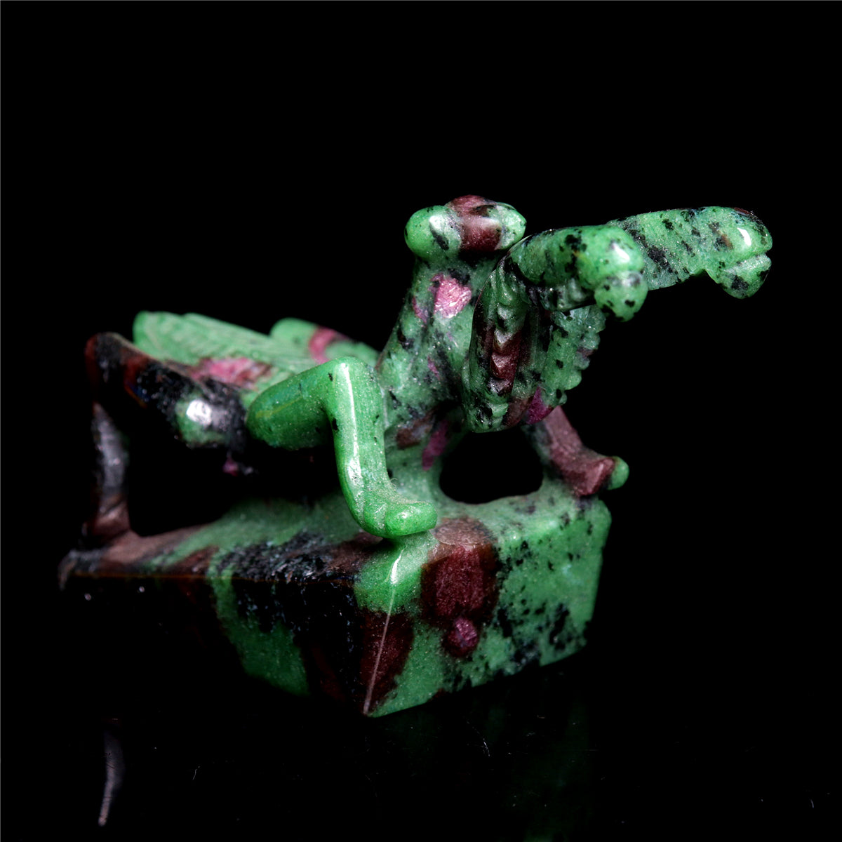 4" Ruby Zoisite Hand Carved Crystal Mantis Figurine