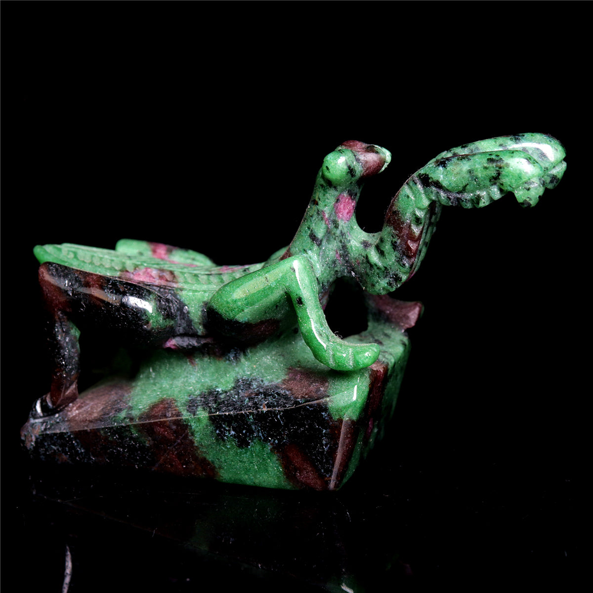 4" Ruby Zoisite Hand Carved Crystal Mantis Figurine