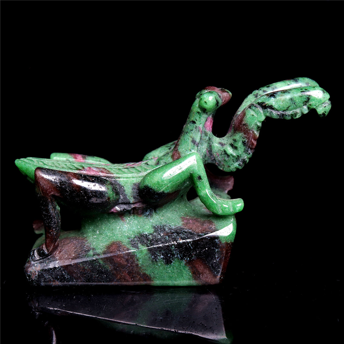 4" Ruby Zoisite Hand Carved Crystal Mantis Figurine