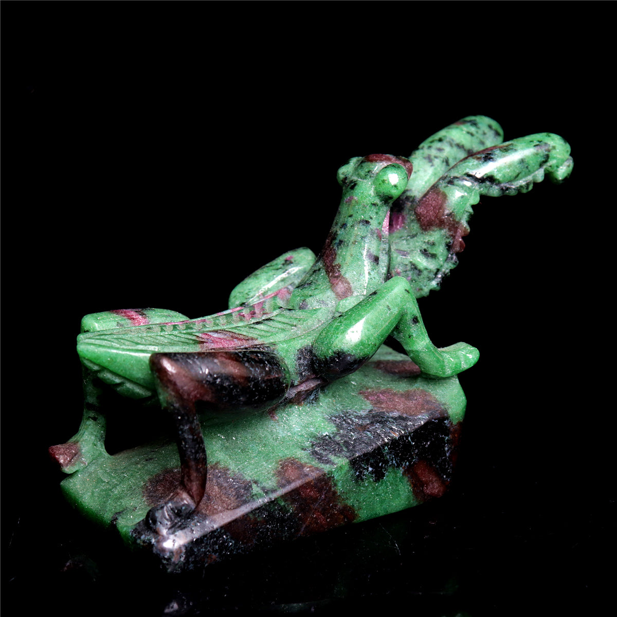 4" Ruby Zoisite Hand Carved Crystal Mantis Figurine