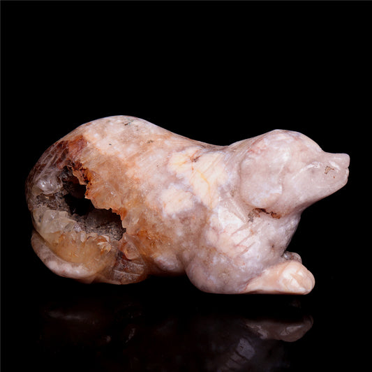 4" Pink Amethyst Crystal Dog Figurine Quartz Animal Carvings