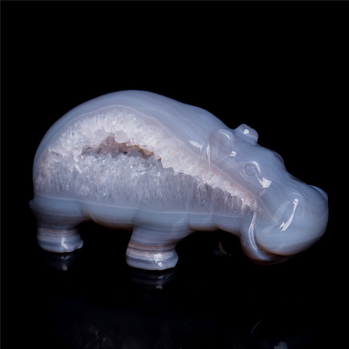 4.5" Druzy Agate Crystal Hippo Figurine Quartz Animal Carvings
