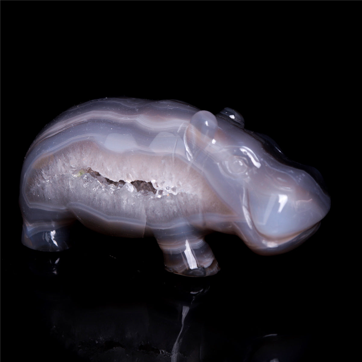 4" Druzy Agate Crystal Hippo Figurine Quartz Animal Carvings