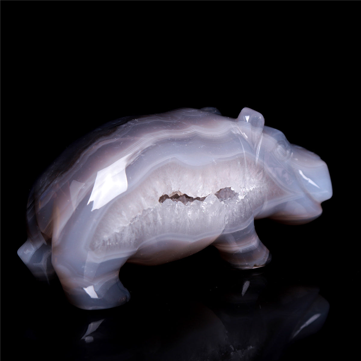 4" Druzy Agate Crystal Hippo Figurine Quartz Animal Carvings