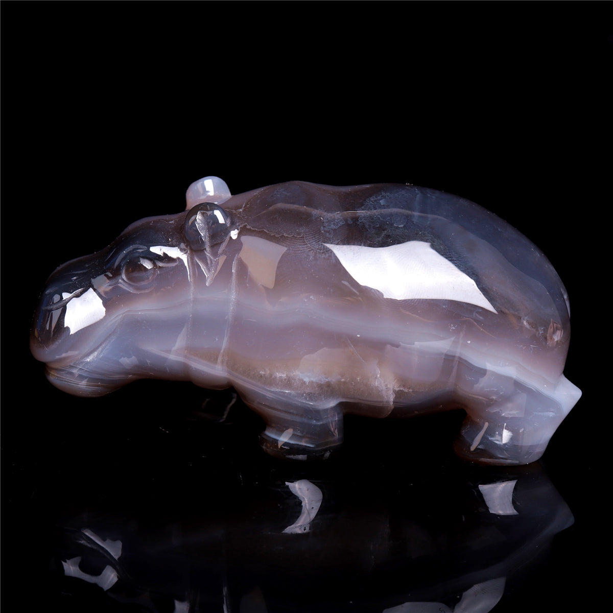 4" Druzy Agate Crystal Hippo Figurine Quartz Animal Carvings