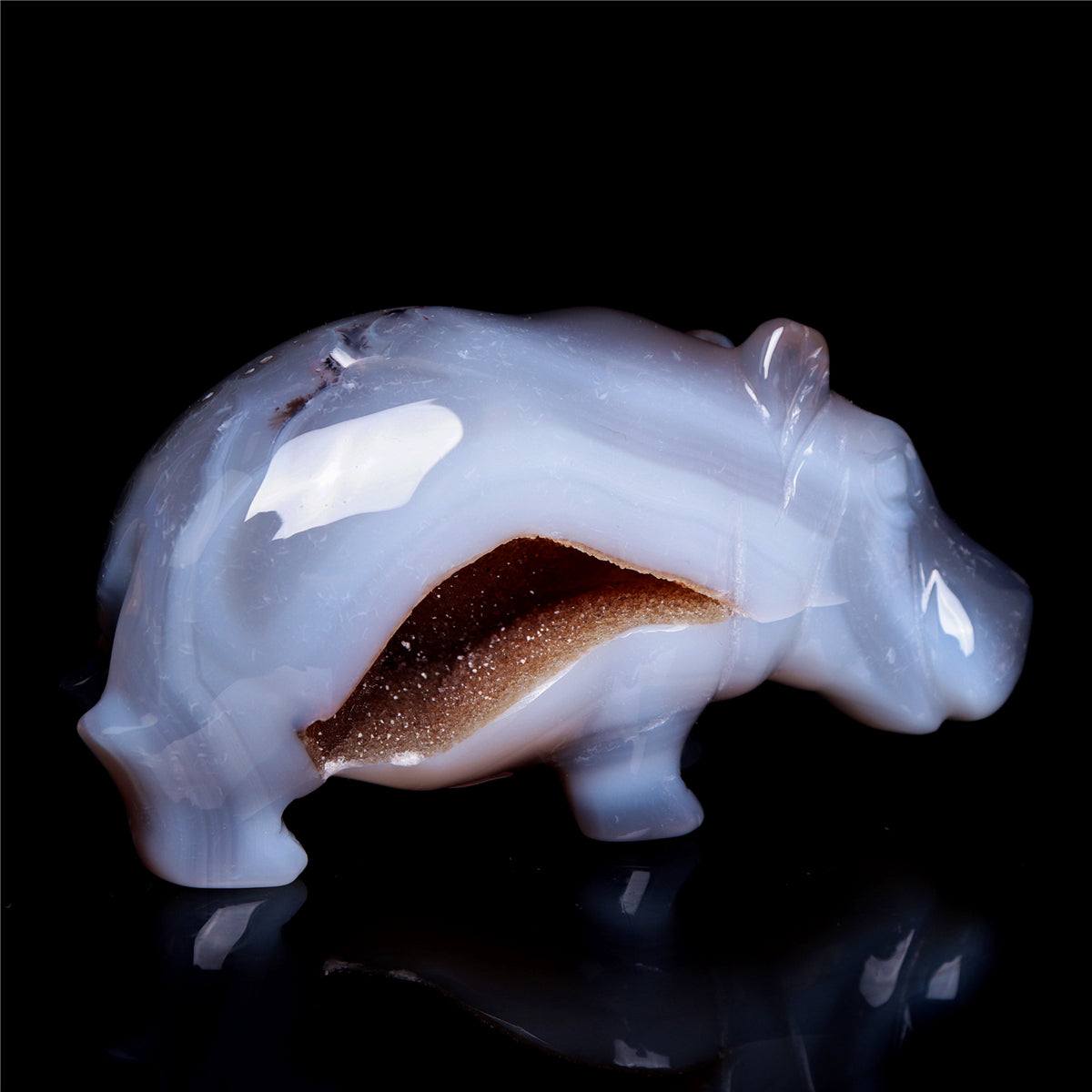 4" Druzy Agate Crystal Hippo Figurine Quartz Animal Carvings