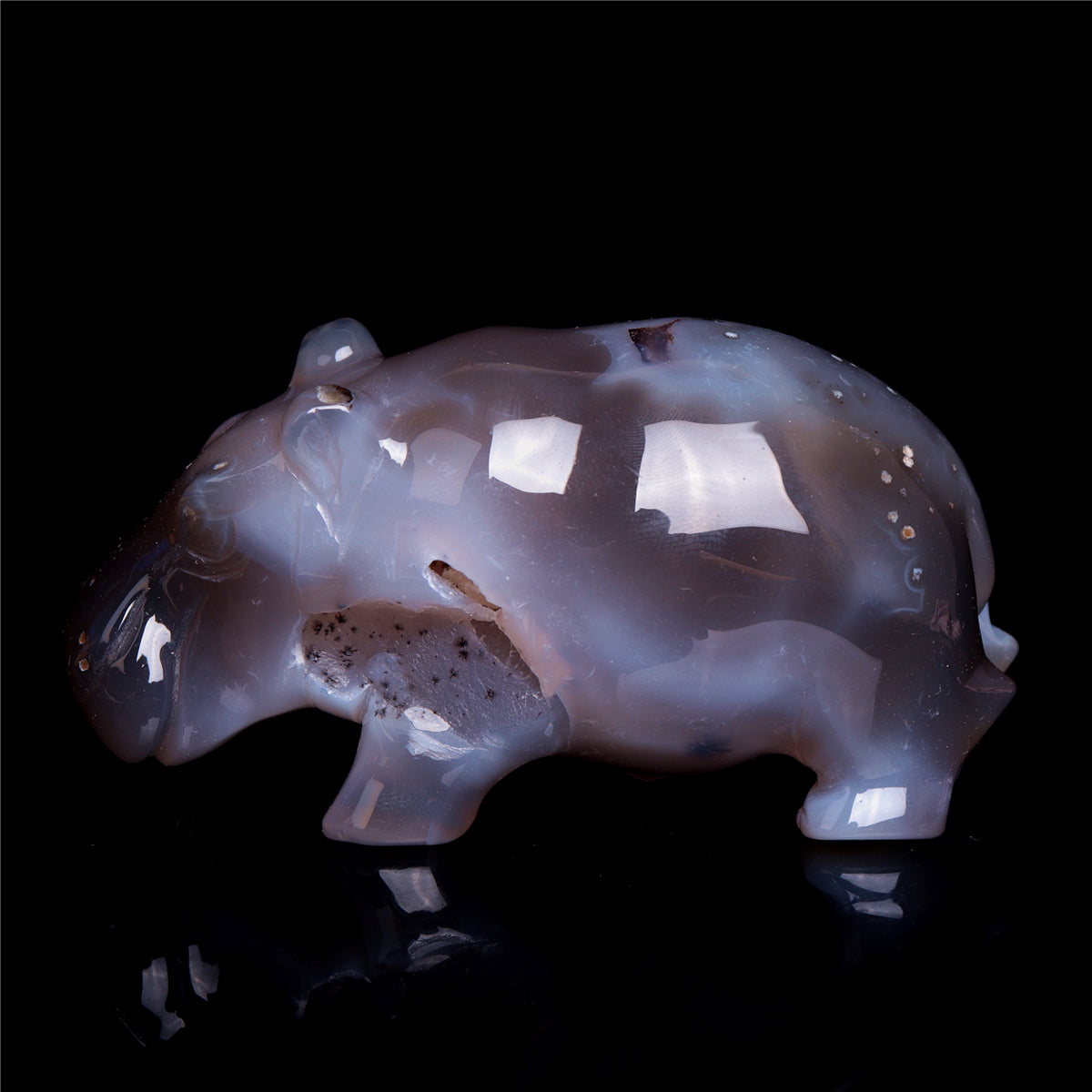 4" Druzy Agate Crystal Hippo Figurine Quartz Animal Carvings