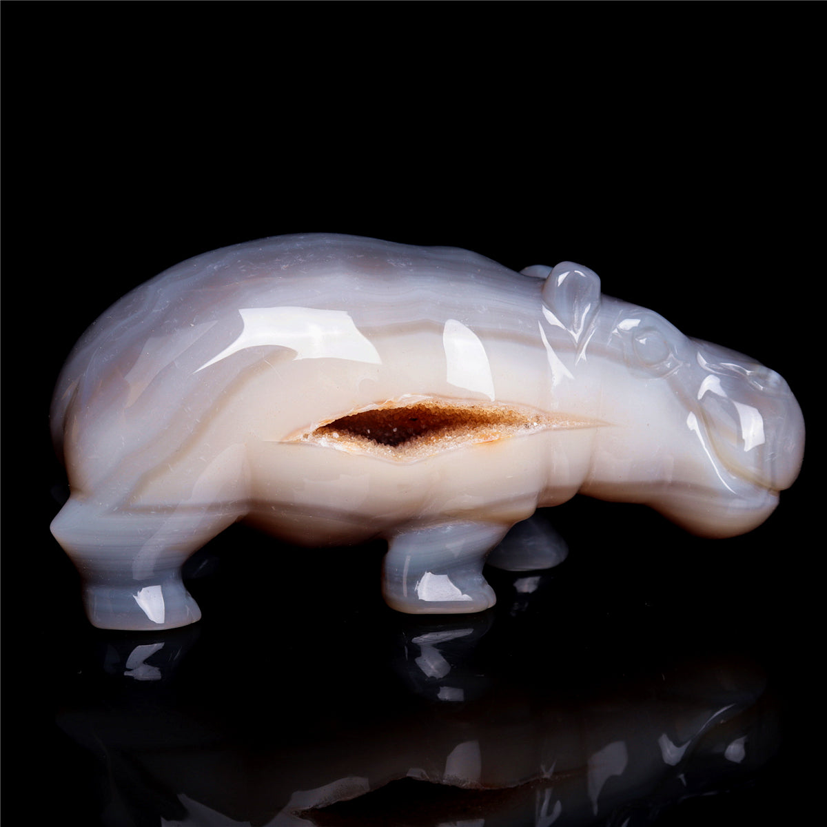4.8" Druzy Agate Crystal Hippo Figurine Quartz Animal Carvings