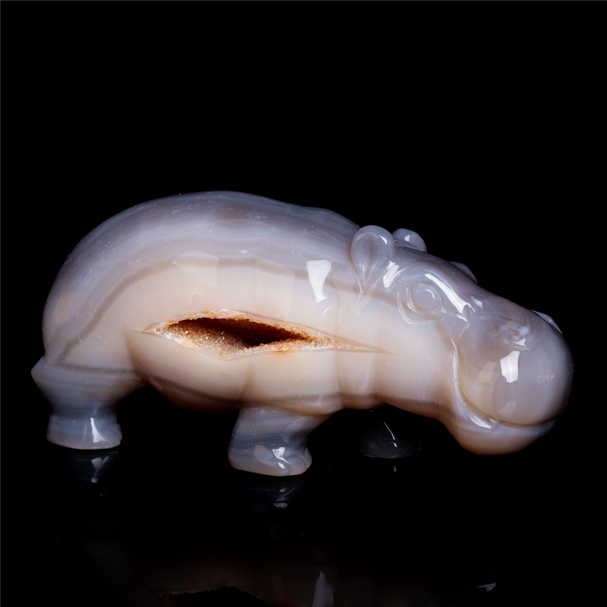 4.8" Druzy Agate Crystal Hippo Figurine Quartz Animal Carvings