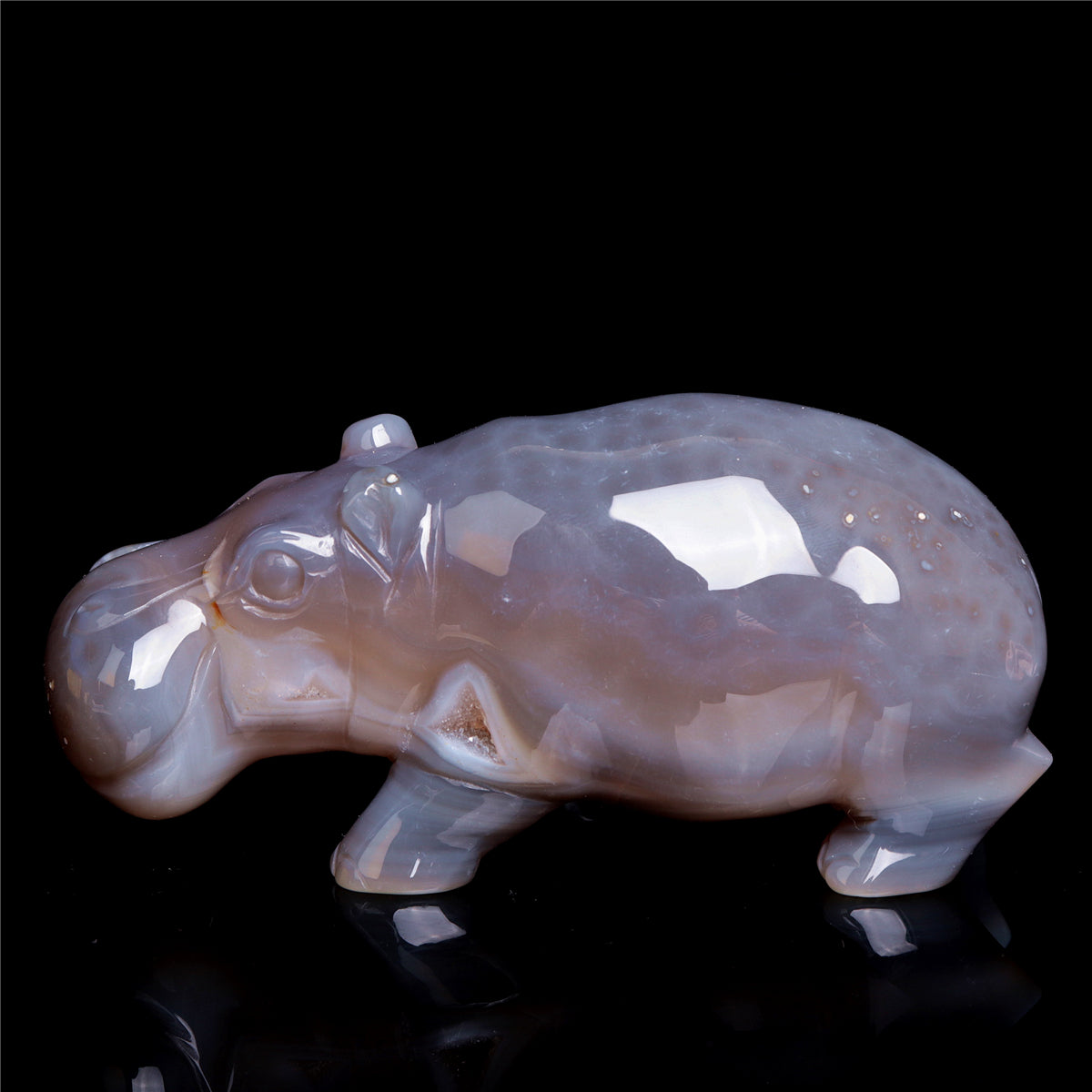 4.8" Druzy Agate Crystal Hippo Figurine Quartz Animal Carvings