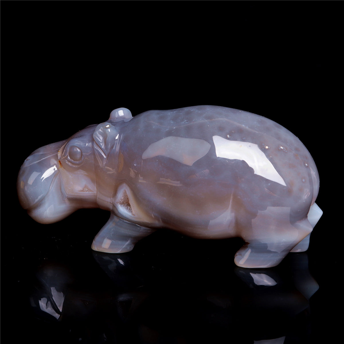 4.8" Druzy Agate Crystal Hippo Figurine Quartz Animal Carvings