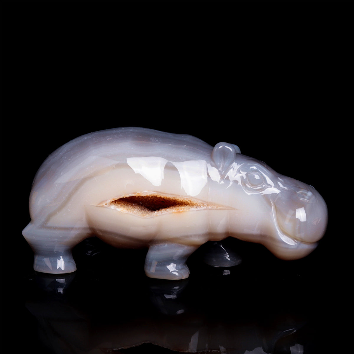 4.8" Druzy Agate Crystal Hippo Figurine Quartz Animal Carvings