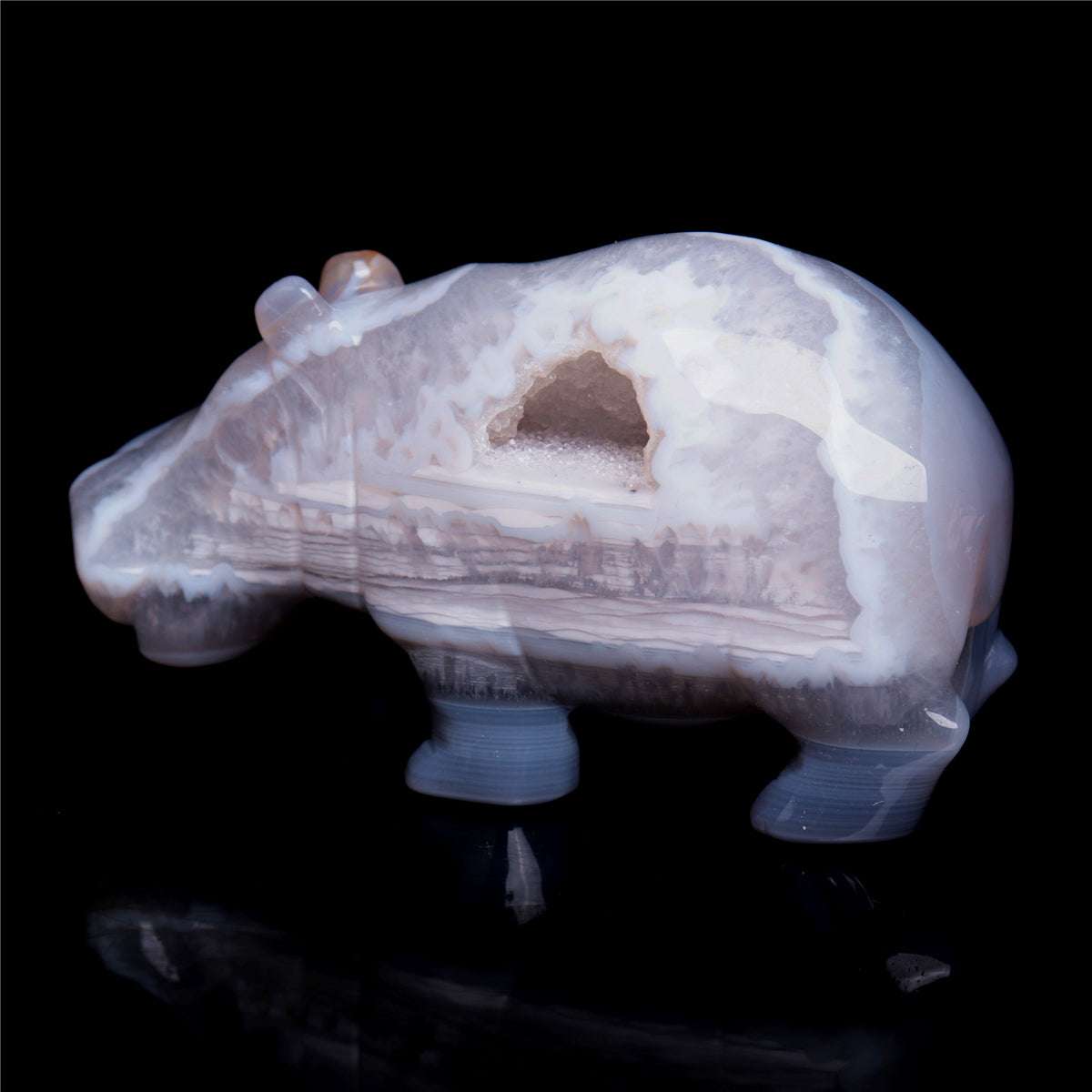 4" Druzy Agate Crystal Hippo Figurine Quartz Animal Carvings
