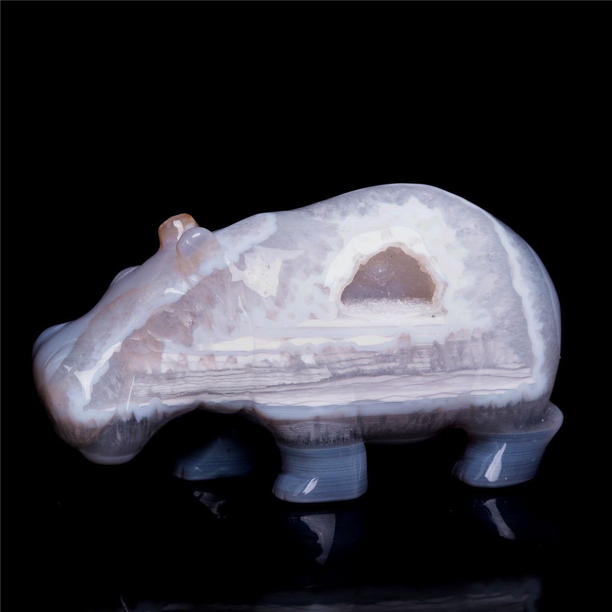 4" Druzy Agate Crystal Hippo Figurine Quartz Animal Carvings