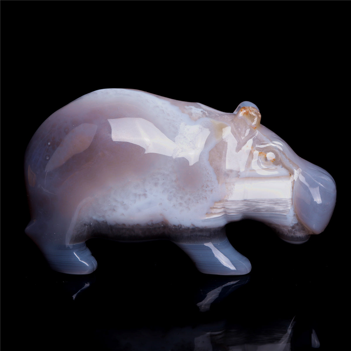 4" Druzy Agate Crystal Hippo Figurine Quartz Animal Carvings