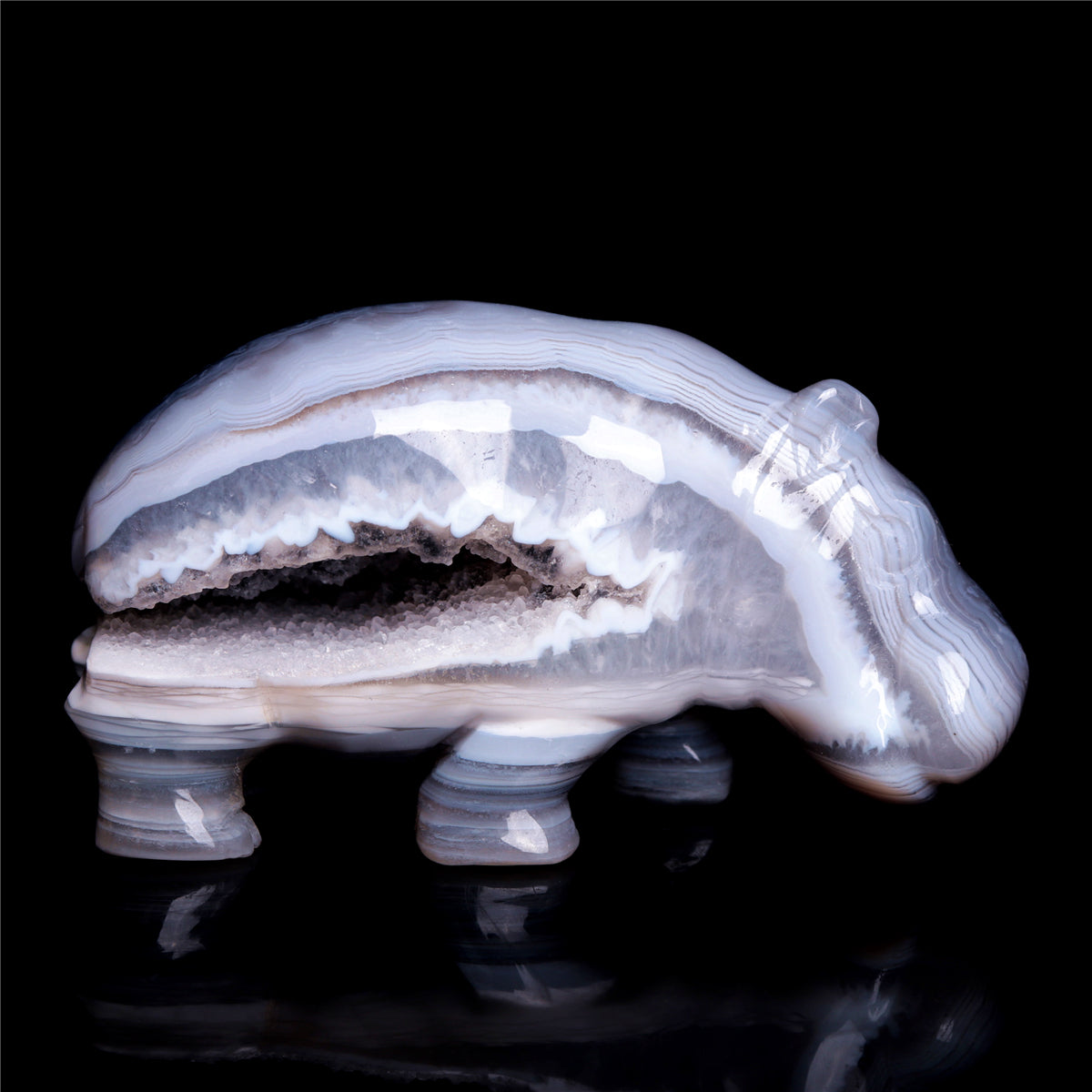 4" Druzy Agate Crystal Hippo Figurine Quartz Animal Carvings