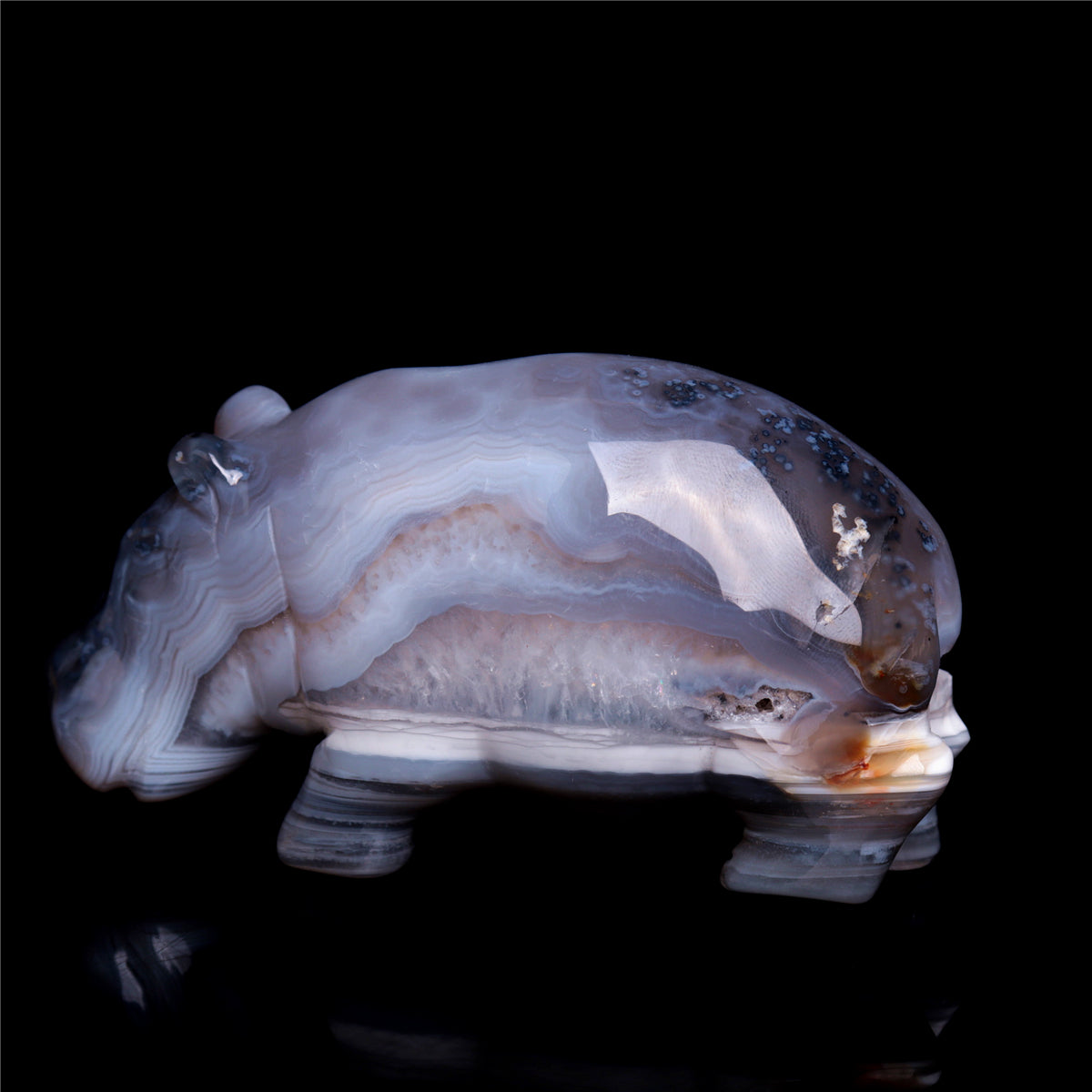 4" Druzy Agate Crystal Hippo Figurine Quartz Animal Carvings