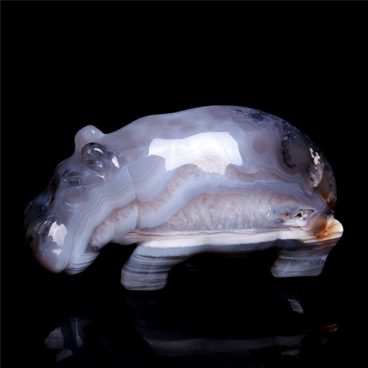 4" Druzy Agate Crystal Hippo Figurine Quartz Animal Carvings