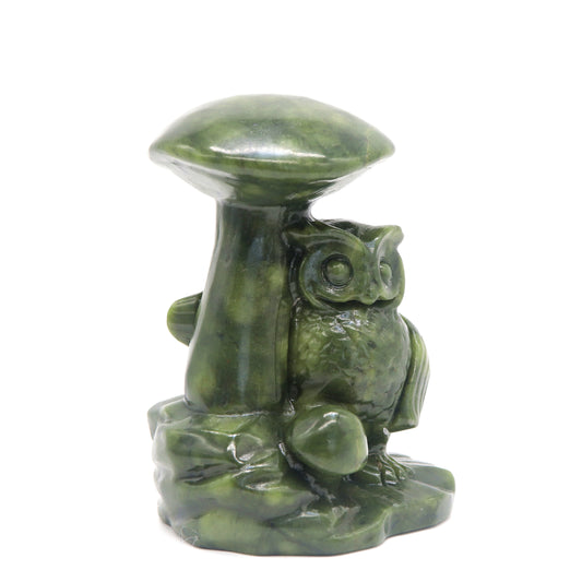 Carved Green Jade owl with mushroom carving Crystal Healing