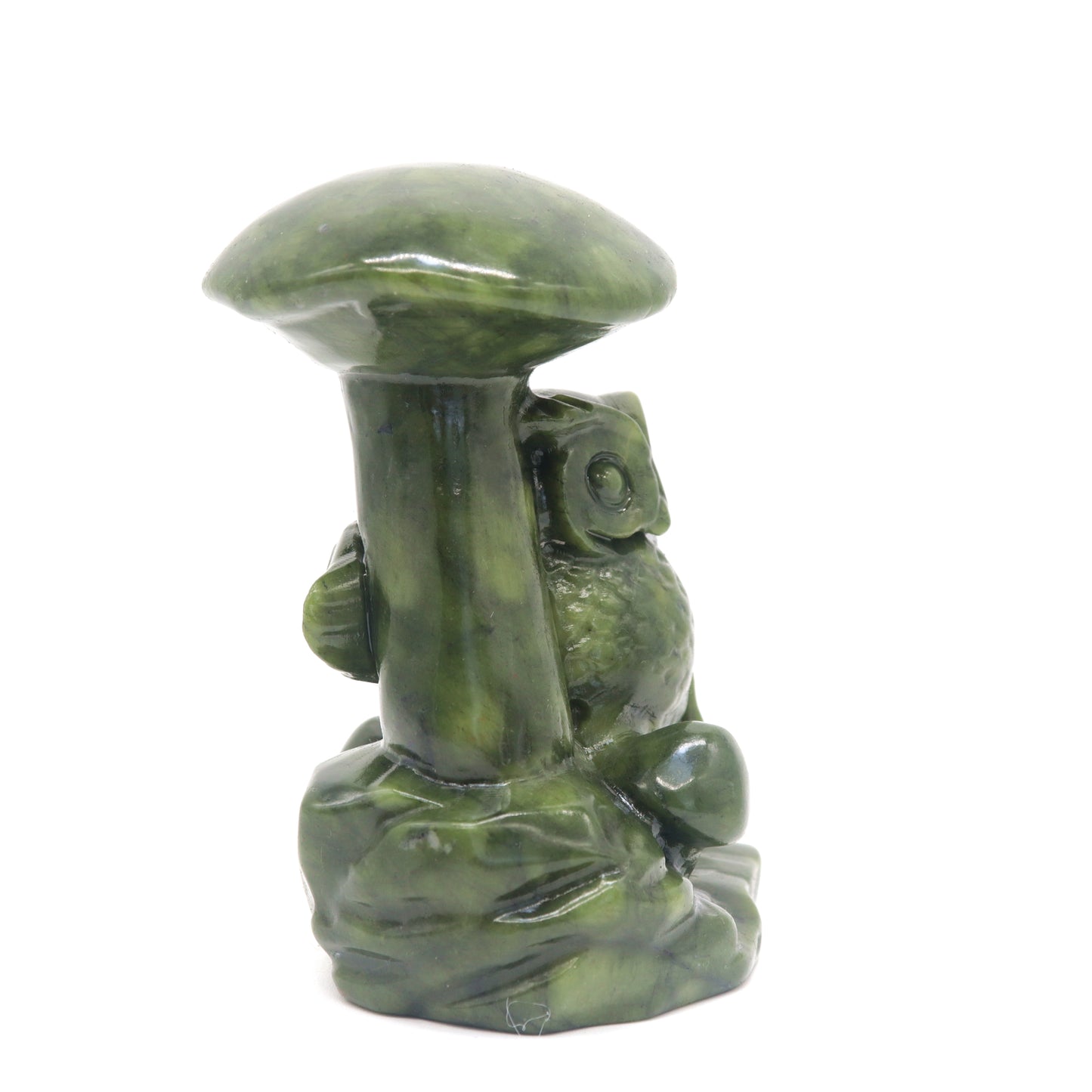 Carved Green Jade owl with mushroom carving Crystal Healing