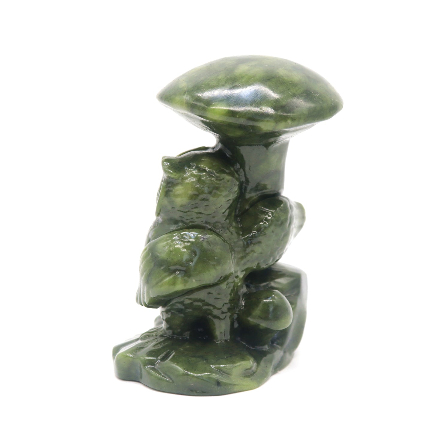 Carved Green Jade owl with mushroom carving Crystal Healing