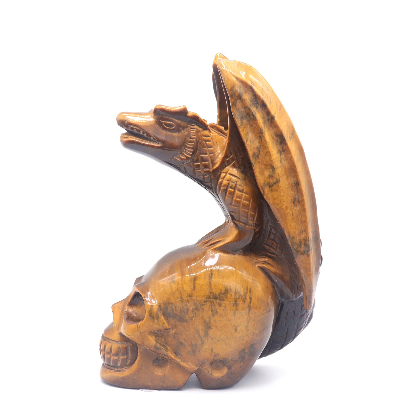 7" Natural HandCarved Tiger Eyes Stone Crystal Skull Flying Dragon Figurine