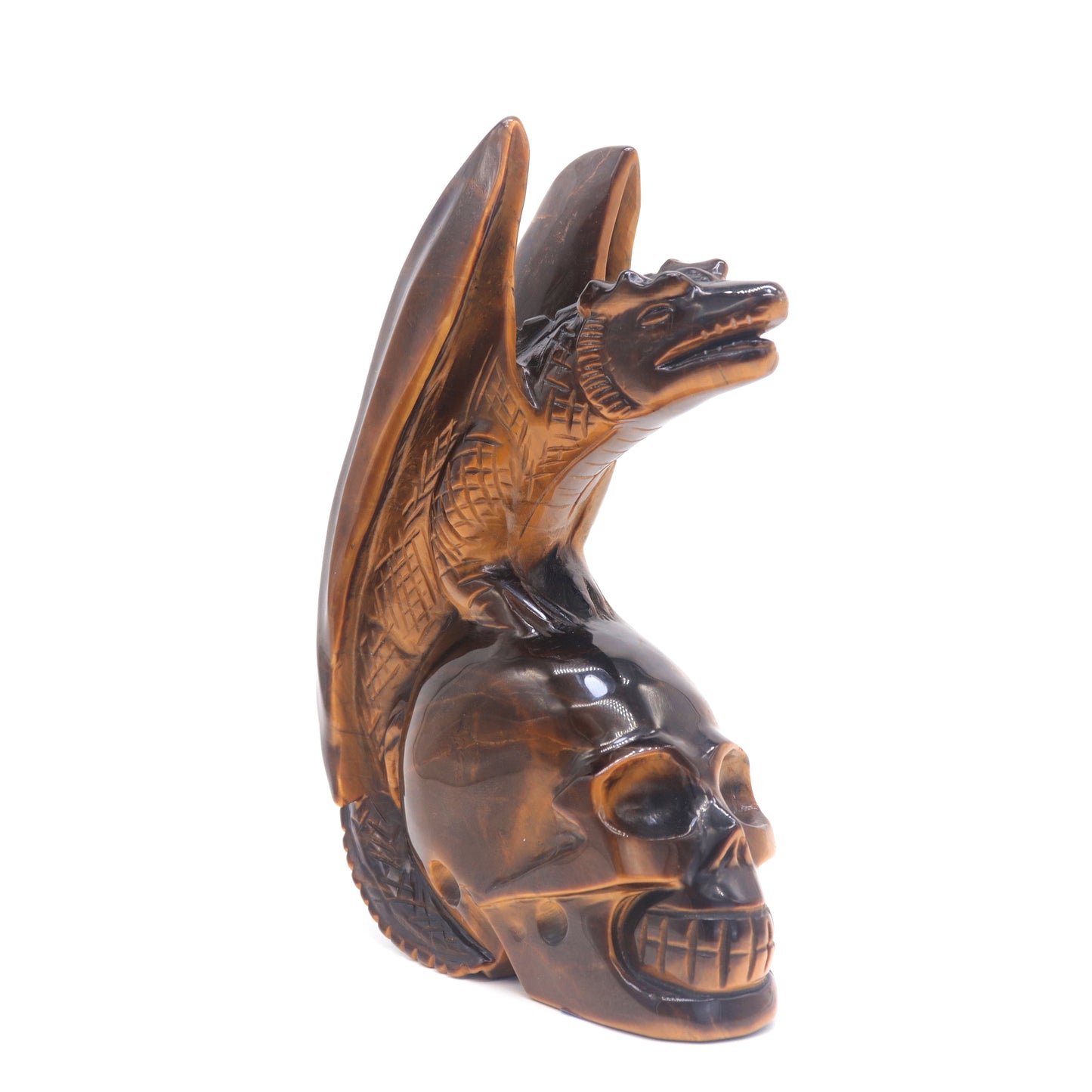 7" Natural HandCarved Tiger Eyes Stone Crystal Skull Flying Dragon Figurine