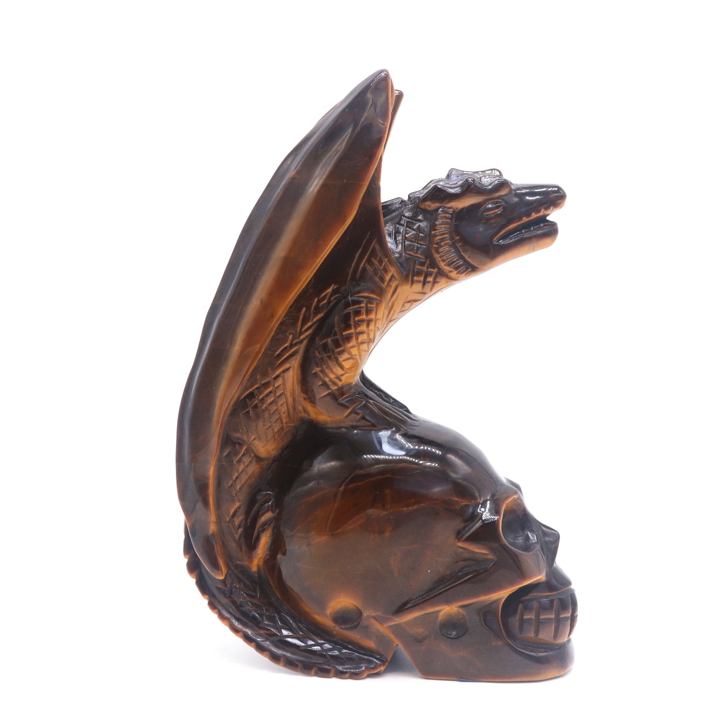 7" Natural HandCarved Tiger Eyes Stone Crystal Skull Flying Dragon Figurine