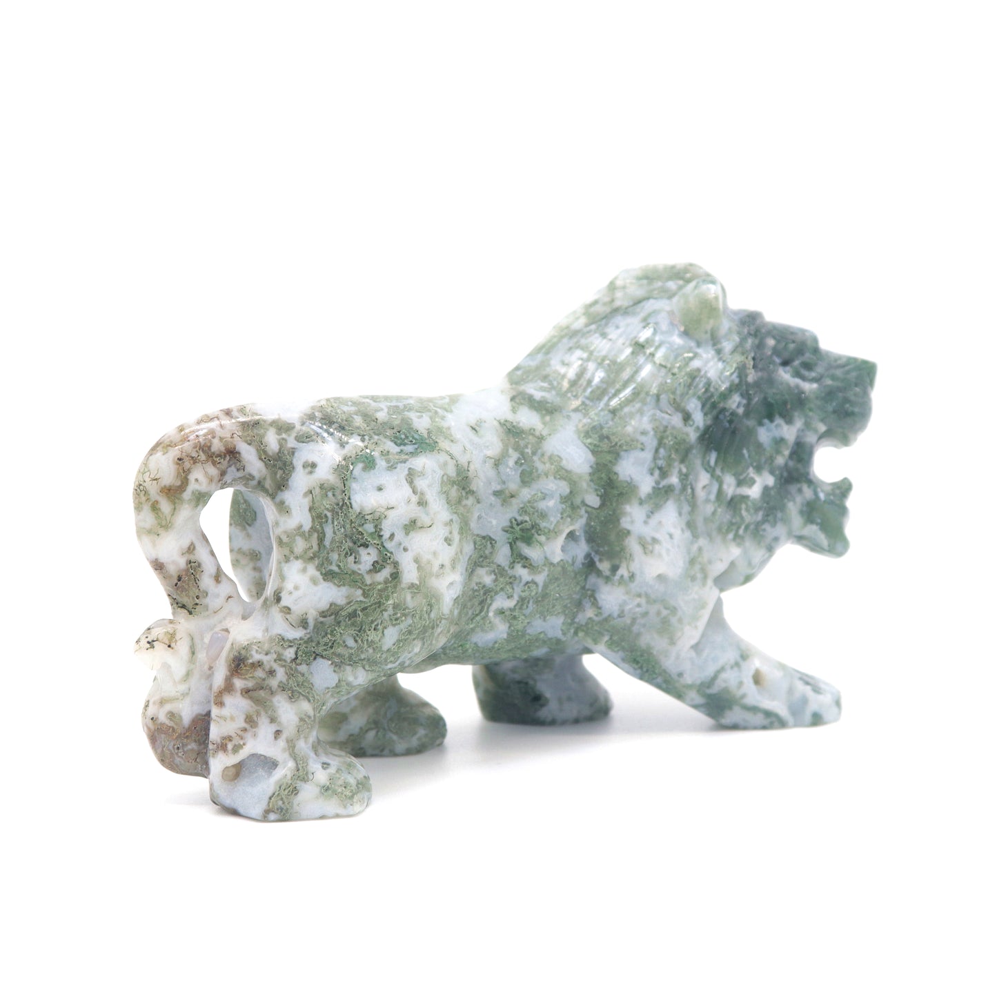 5" Hand Carved Moss Agate Lion Crystal Animal Statues Quartz Healing Decor Reiki