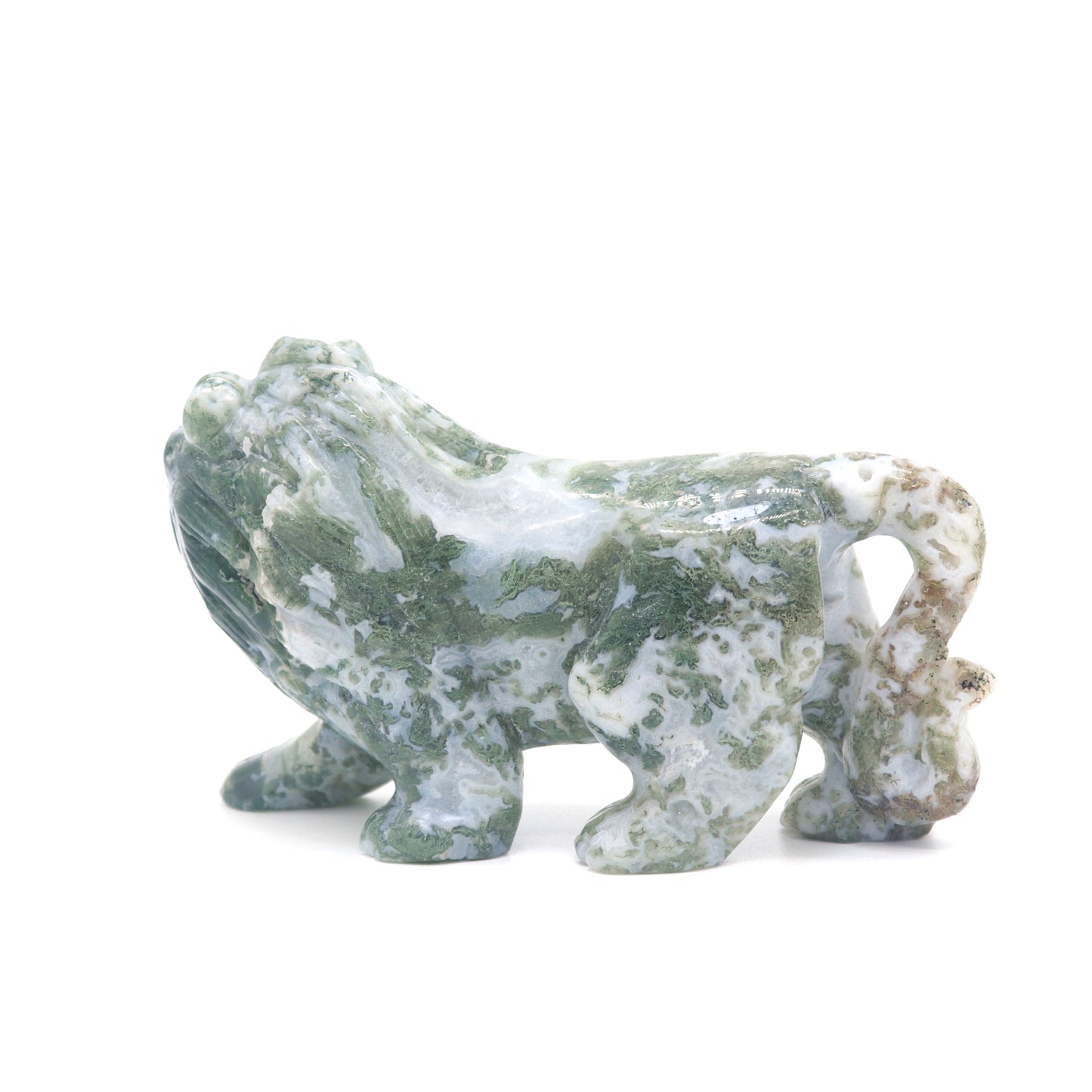 5" Hand Carved Moss Agate Lion Crystal Animal Statues Quartz Healing Decor Reiki