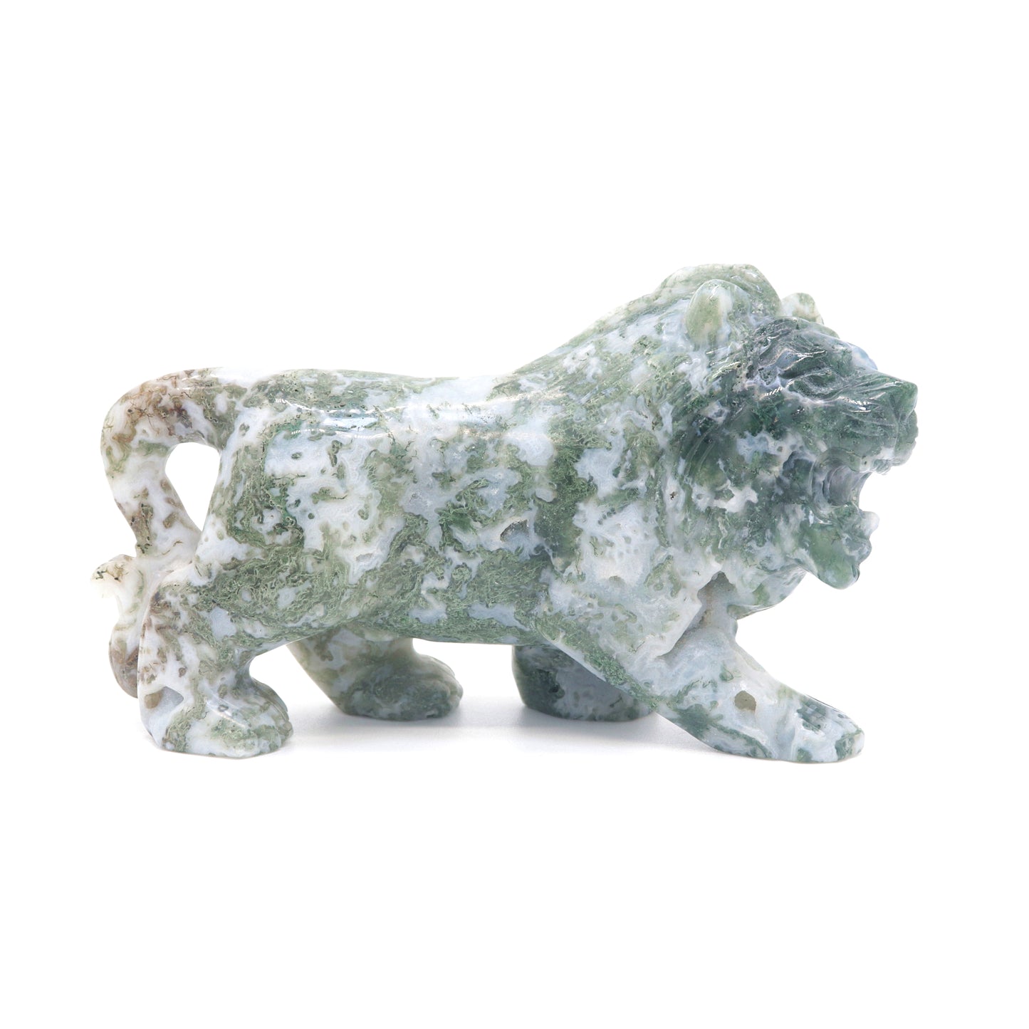 5" Hand Carved Moss Agate Lion Crystal Animal Statues Quartz Healing Decor Reiki