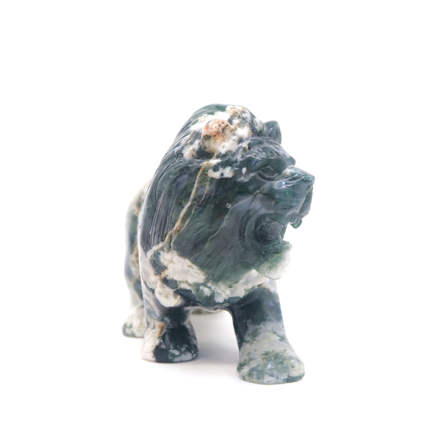 5" Hand Carved Moss Agate Lion Crystal Animal Statues Quartz Healing Decor Reiki