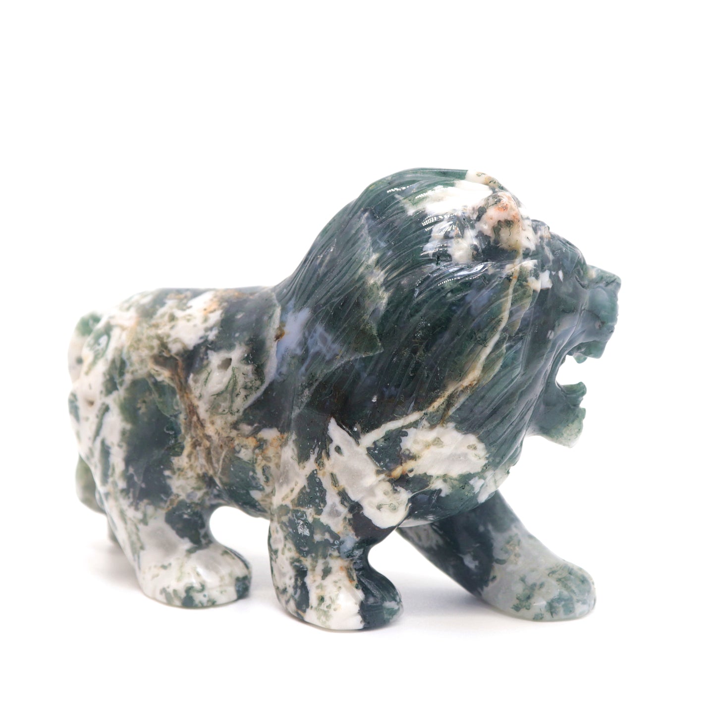 5" Hand Carved Moss Agate Lion Crystal Animal Statues Quartz Healing Decor Reiki