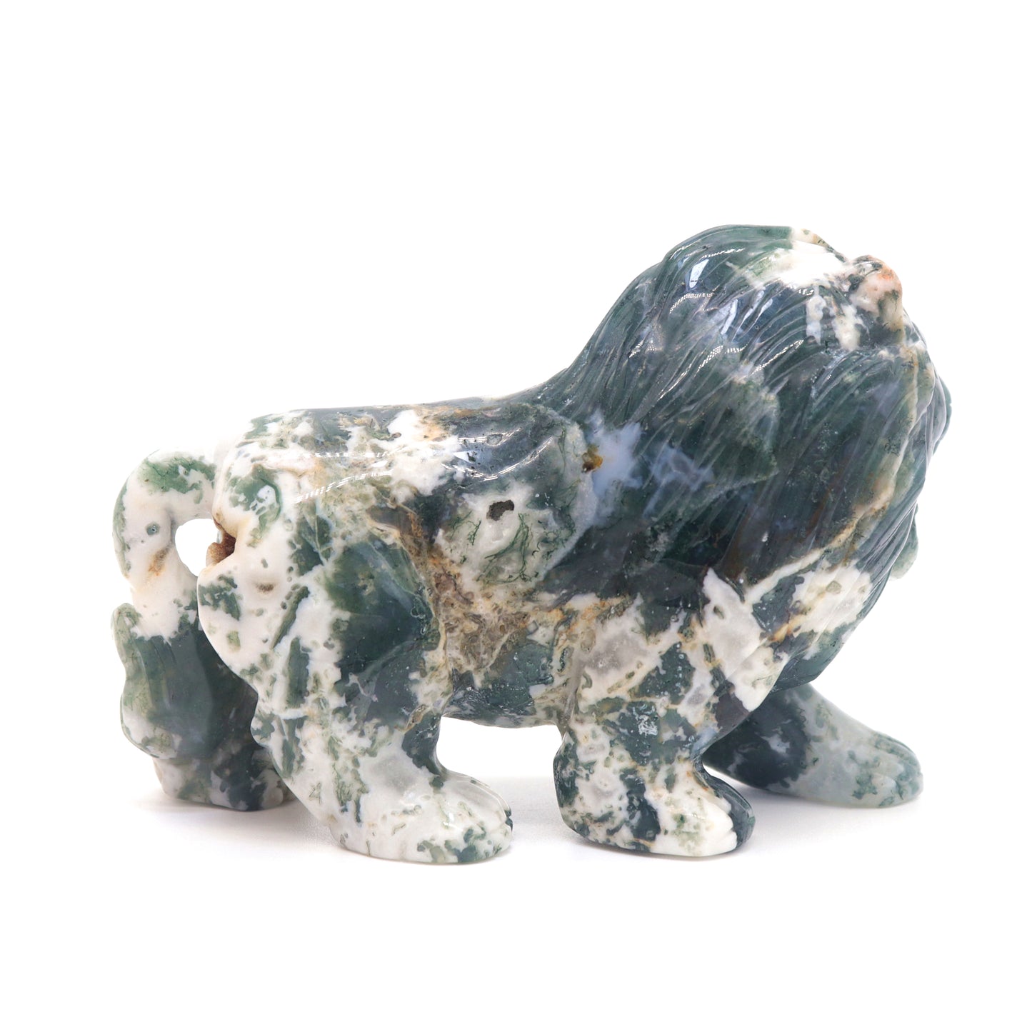5" Hand Carved Moss Agate Lion Crystal Animal Statues Quartz Healing Decor Reiki