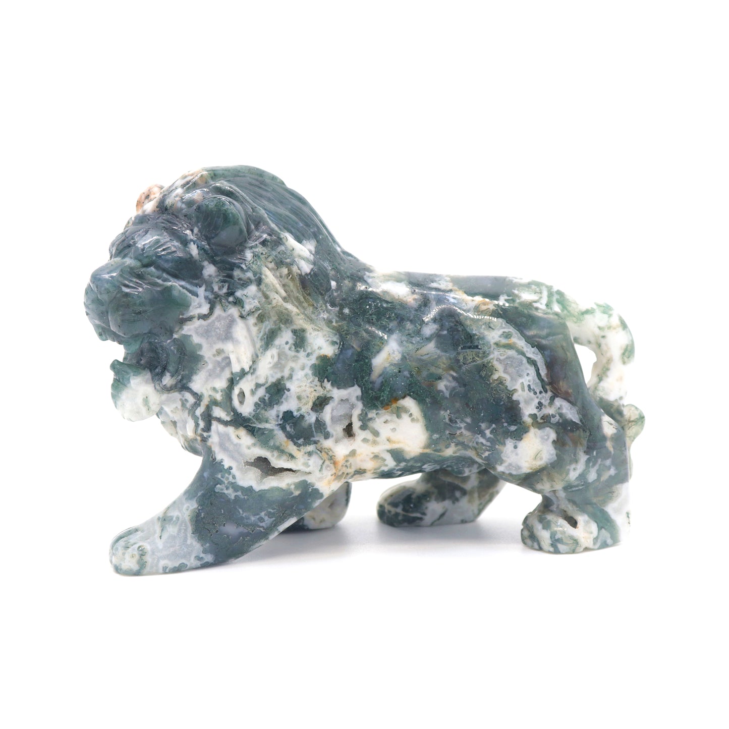 5" Hand Carved Moss Agate Lion Crystal Animal Statues Quartz Healing Decor Reiki