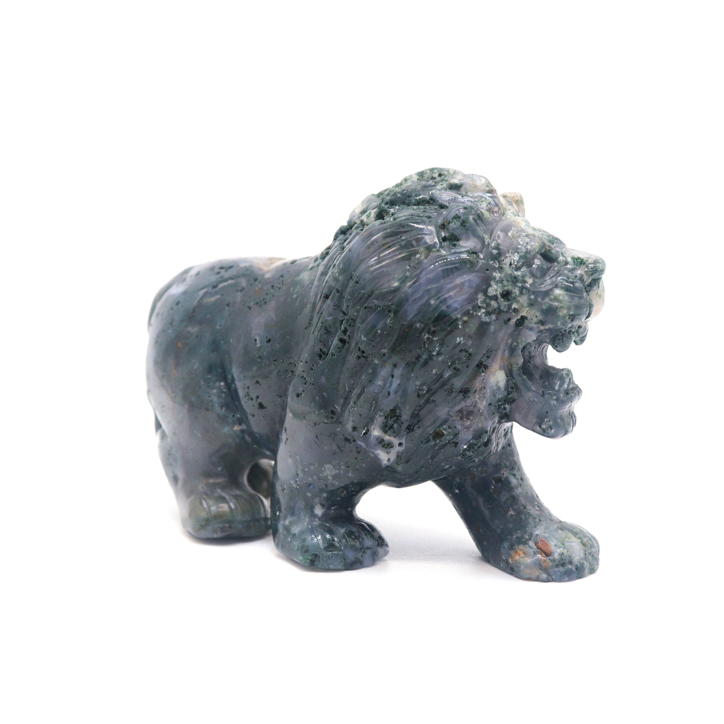 5" Hand Carved Moss Agate Lion Crystal Animal Statues Quartz Healing Decor Reiki