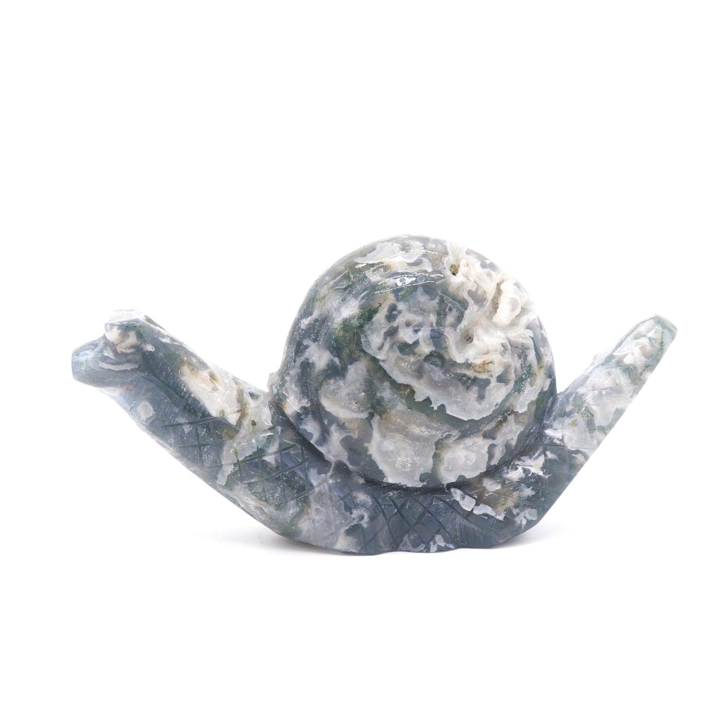 6.5" Hand Carved Moss Agate Snail Crystal Animal Statues Quartz Healing Decor Reiki